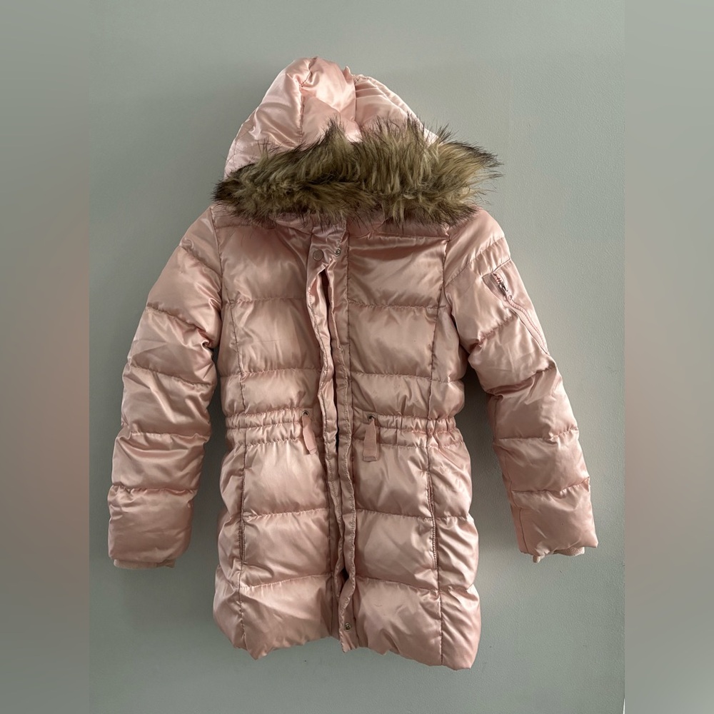 Gap Kids Pink Puffer Coat with Faux Fur Trim Down Feathers Sz. Large Warm Cozy